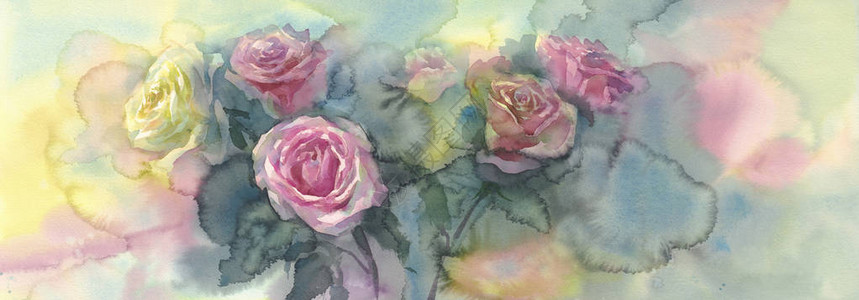 彩色背景水彩中甜美的糕点玫瑰花团图片