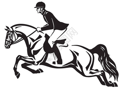 马与骑手跳过栅栏马术体育场马术比赛黑白侧面视图孤立的矢量图片