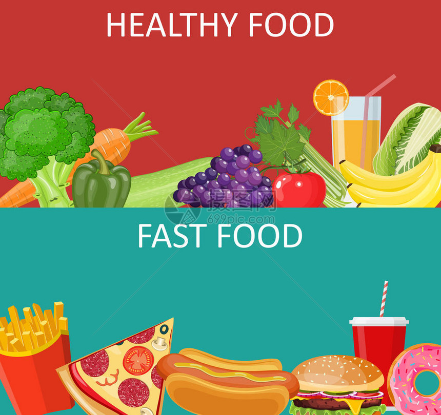 健康食品和快速食品概念横幅图片