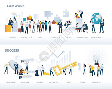 一套平面设计网页横幅的团队合作和成功图片
