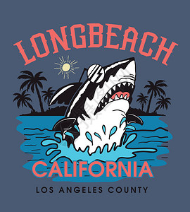 加州长沙滩鲨鱼T恤衫彩色印刷图片