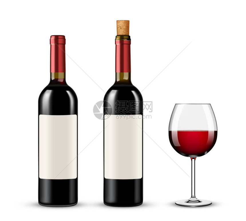 白色背景上的红酒瓶和玻璃图片