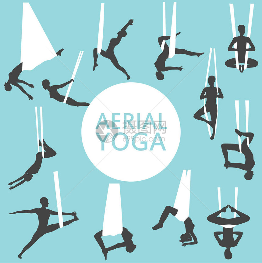 空中瑜伽套装与不同瑜伽姿势的年轻女子剪影女孩在吊床上做反重力瑜伽练习女健身练习运动和健康生活方图片