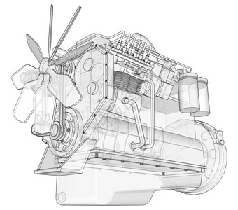 带有卡车的大型柴油发动机在方格纸上的等高线中描绘白色背景背景图片
