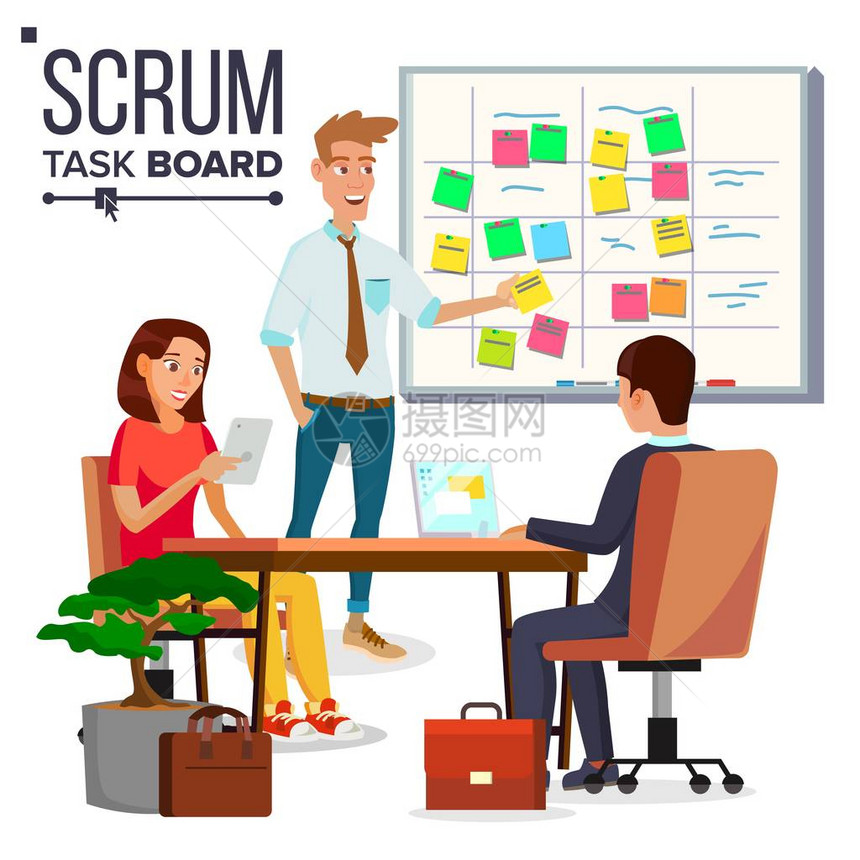 业务字符Scrum团队工作向量办公室任务流程计划委员会白板和流程团队编程和规划方案法论图片