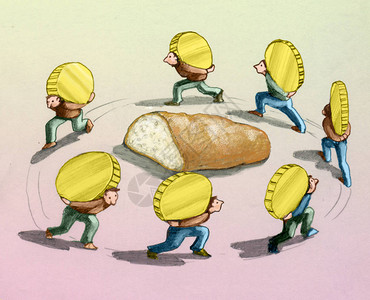 社会阶层男人们环绕着面包团走来去带插画