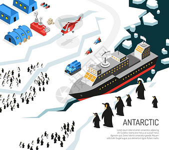 南极洲大陆被冰覆盖的大陆等距海报与破冰船研究站定居企鹅和直升图片