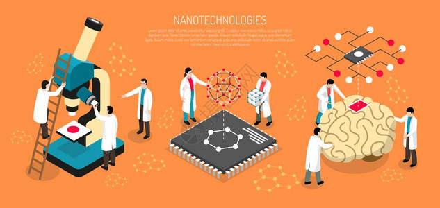 与科学家一起在橙色背景上进行纳米技术的同位素构成图片