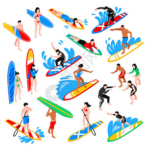 由教练训年轻人骑上冲浪板孤立矢量插图图片
