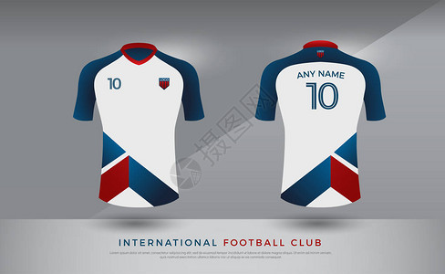 足球t恤设计制服套装足球套件足球俱乐部的足球衣模板蓝色红和白色图片