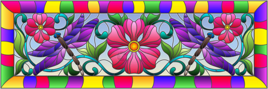 以亮龙尾鲜花装饰和粉红色花朵的彩色玻璃风格插图插画