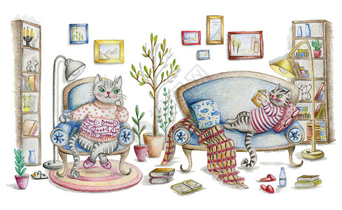 内有猫和家具的舒适房间可爱的漫画用彩色铅笔图片