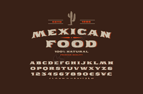 复古风格的装饰衬线字体墨西哥餐厅的标签模板用于标志和标志设计的字母和数字棕色背景图片
