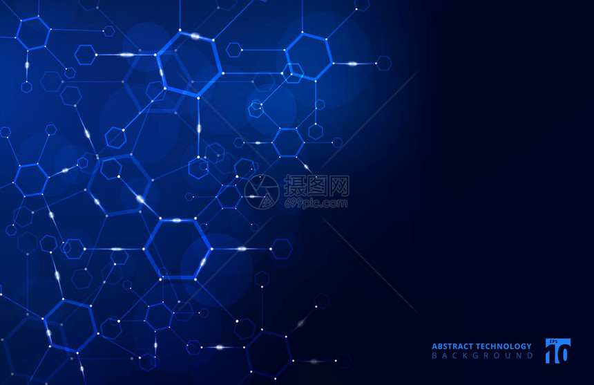 抽象的六边形几何背景与连接线和蓝色背景上的点大数据可视化结构分子和通信医学技术图片