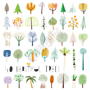 一组四十个抽象树的矢量插图背景图片