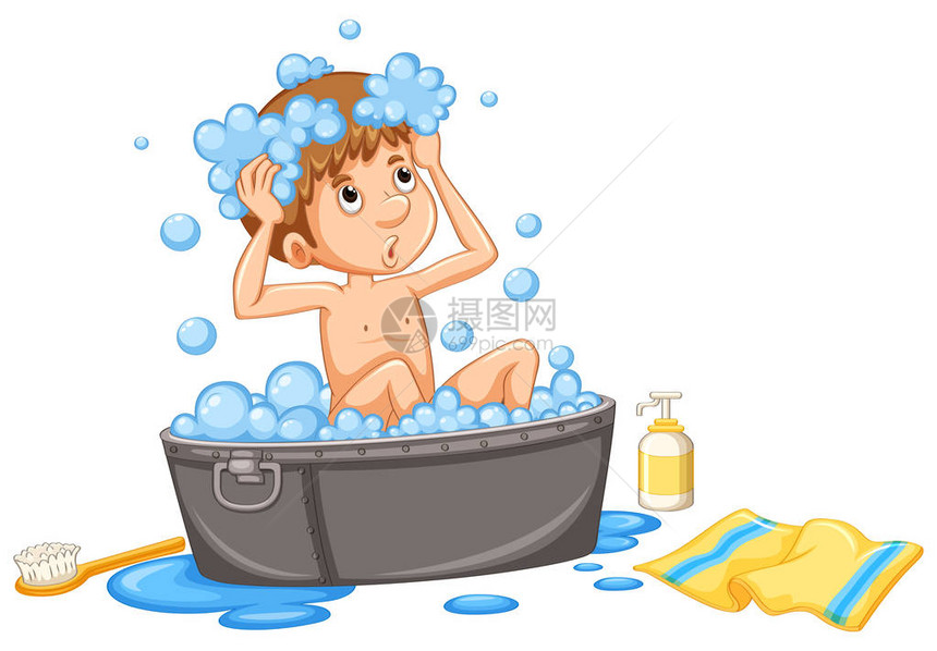 男孩在浴缸里泡浴插图图片