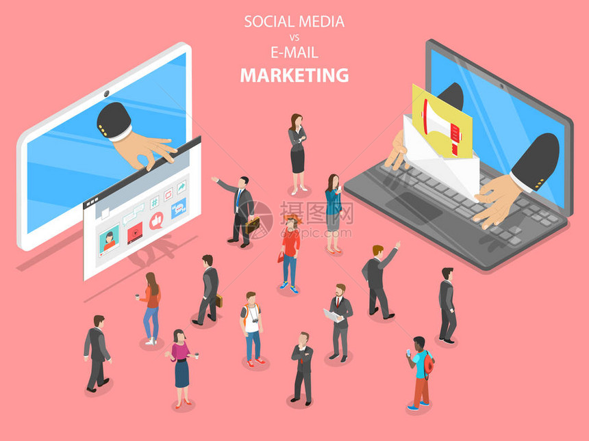 社交媒体与电子邮件营销平面等距向量两种具有不同数字营销方式的设备正试图吸引图片