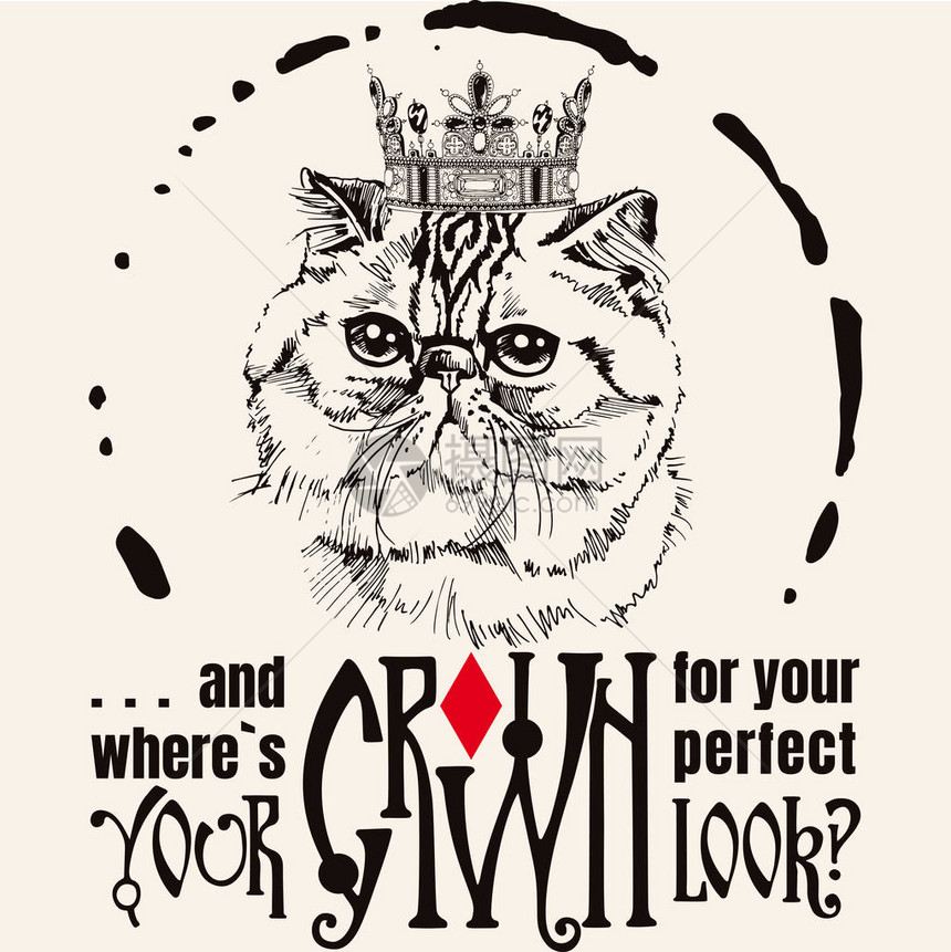 手绘猫肖像与皇冠排版背景图片