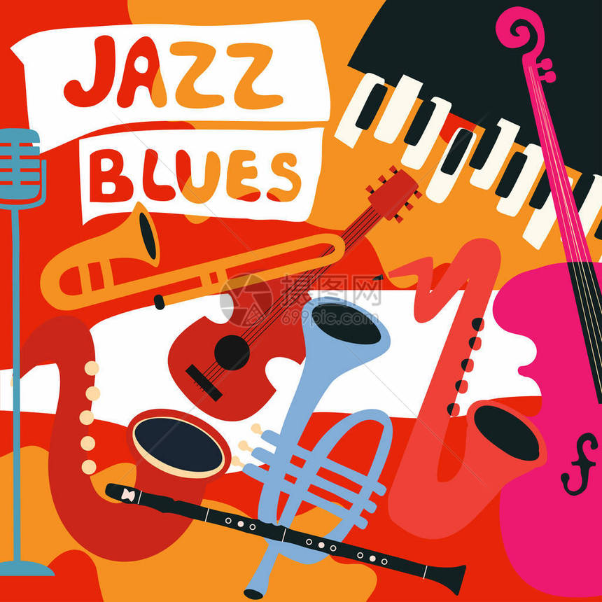 爵士音乐节彩色海报与乐器留声机大提琴吉他萨克斯管和麦克风平面矢量图图片