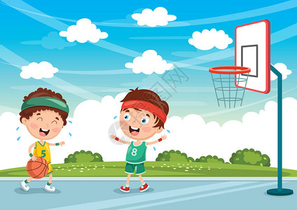 孩子们打篮球的矢量插图图片