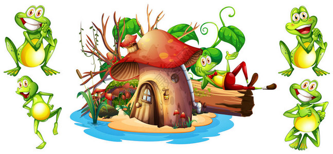 快乐的青蛙和蘑菇屋插图图片