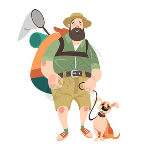 动物学家带着狗旅行寻找探险的有趣男人白色背景的矢插画