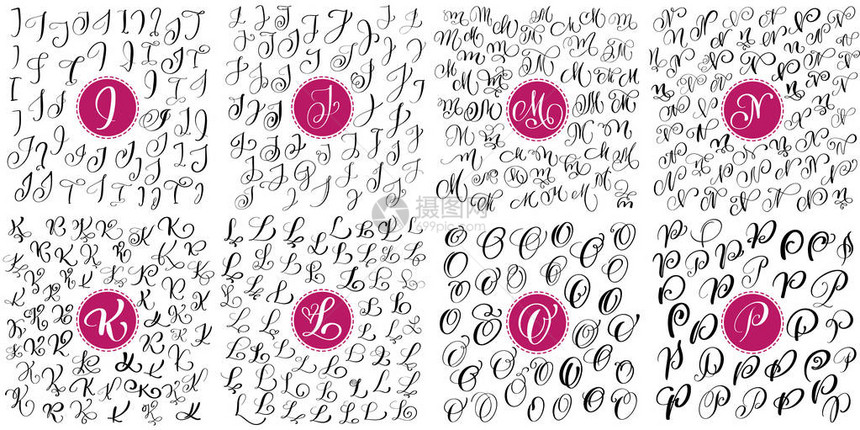 一套手绘矢量书法字母IJKMNOP脚本字体母表用墨水写的孤立的字母手写笔刷风格标志包装设计图片