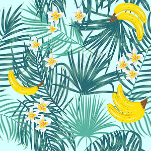 热带树叶香蕉和鲜花无缝模式纺织品印刷布料壁纸剪贴包图片