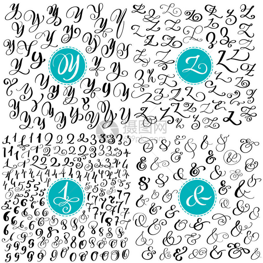 设置字母YZ数字符号手绘矢量蓬勃发展的脚本字体用墨水写的孤立的字母手写笔刷风格标志包装设计图片