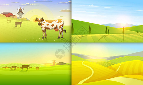 乡村景观农场业矢量图海报与草地图片