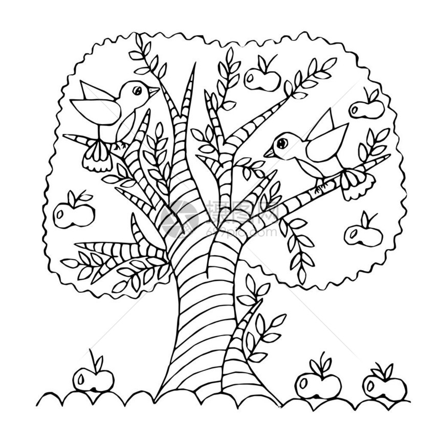 卡通苹果树孤立在白色背景上用于彩色书籍图片