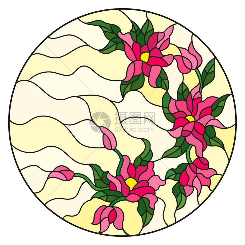 带有抽象花朵叶和螺旋白色背景圆形图像的彩色图片