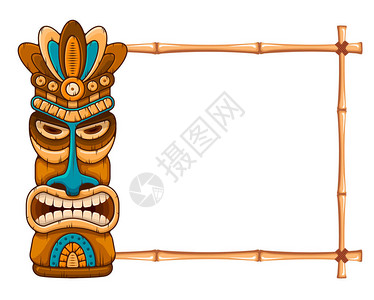 奥基提Tiki部落木质面罩热带外来植物和竹框插画