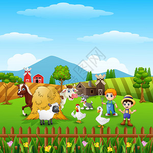 卡通小农户和农场动物的矢图片