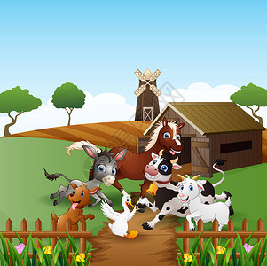 带快乐动物的农场背景矢量插图图片