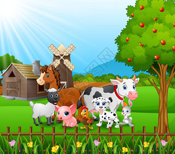 带快乐动物的农场背景矢量插图图片