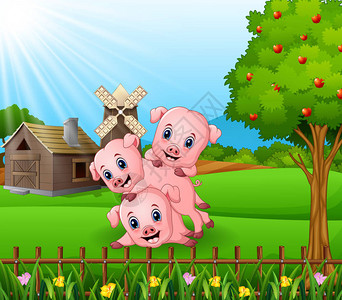卡通三只小猪在农场背景下玩耍的矢量图解图片