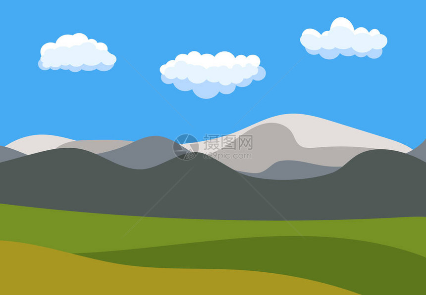 蓝色天空云彩山丘和山丘的平板风格的自然漫画景图片