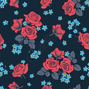 红玫瑰和近代花朵在深蓝色背景上无缝模图片