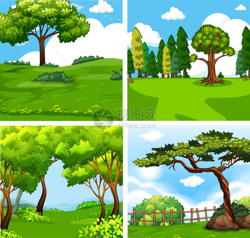 四种不同的绿色自然场景插画图片