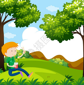 公园里吃面条的男孩插画图片