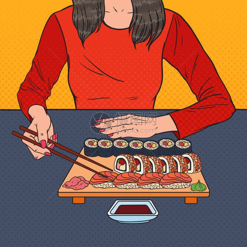 亚洲餐厅的流行艺术女吃寿司日本食图片