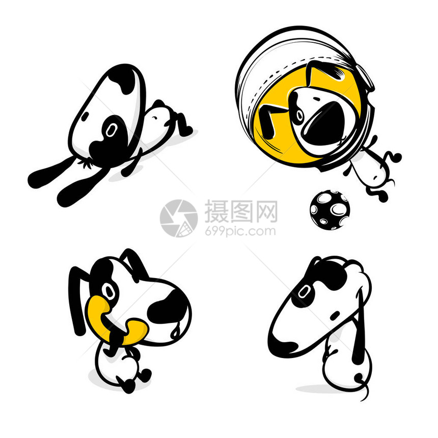 可爱的狗打电话贴纸集单色小狗收藏设计简单的黑白素描矢量图解设计漫画活跃有趣的动物宠快乐友图片