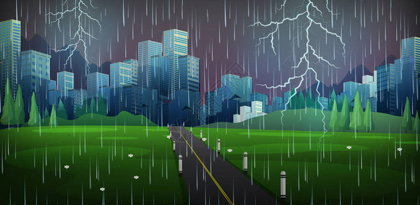 城市场景与雨和雷声插图图片