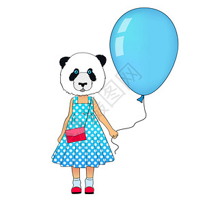 小时尚熊猫女孩穿成洋装动物长马熊穿着气球熊猫小孩打扮图片