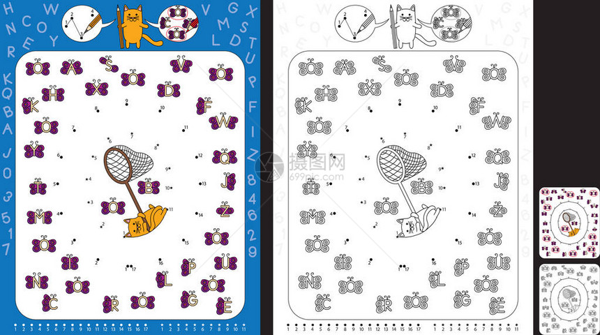 用于练习精细运动技能和识别数字和母的学龄前工作表按数字连接点用字母O图片