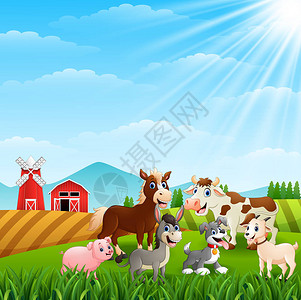 白天农场快乐动物的矢量图解图片