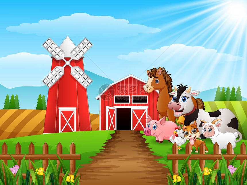 农场背景下快乐动物的矢量插图图片