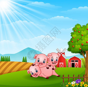 三只小猪在白天玩耍的矢量图图片