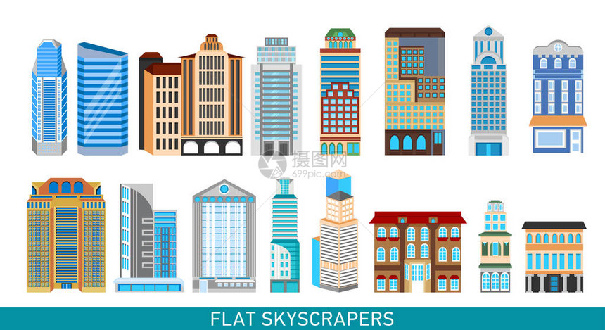 以平坦风格设置的现代摩天大楼BusinesInflogics矢量插图城图片